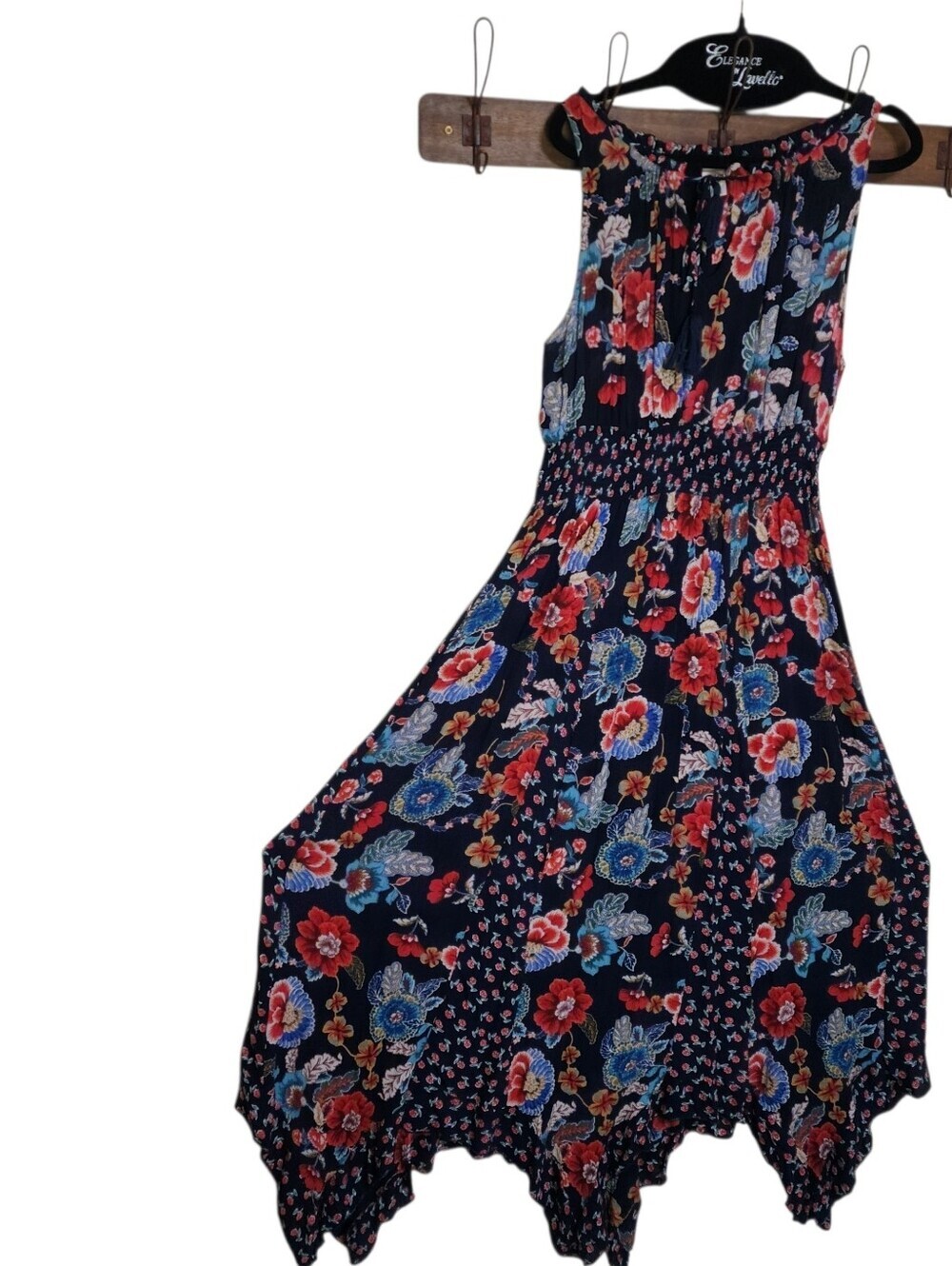 Bila Dress Womens Med. Maxi Boho Handkerchief Hem Floral Western Cottage Peasant